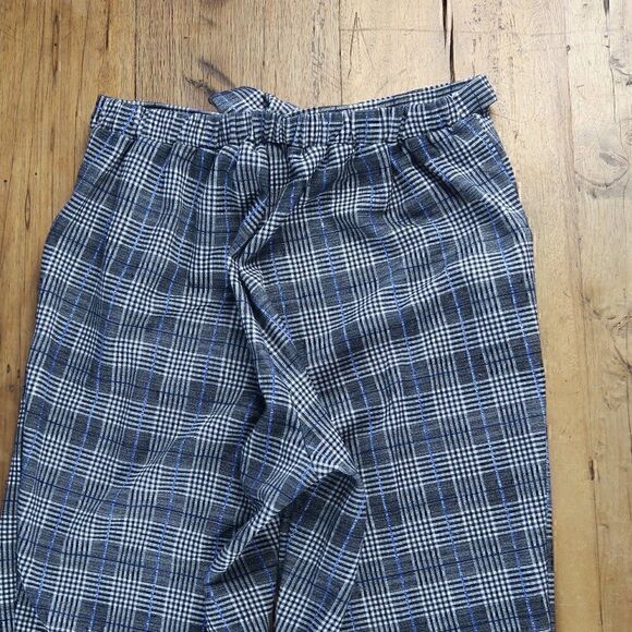 BLACK BLUE & WHITE PLAID POLYESTER PANTS WITH WAIST TIE & POCKETS SIZE MEDIUM - Picture 6 of 7
